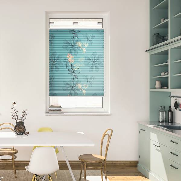 Plissee Klemmfix Aqua Floral Polyester - Blau - 45 x 130 cm