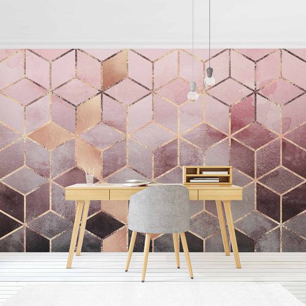 Vliestapete Goldene Geometrie Vliespapier - Grau / Rosa - 432 x 290 cm
