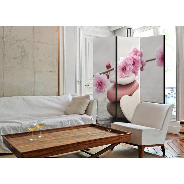 Paravento Zen Flowers Tessuto non tessuto su legno massello  - Grigio / Rosa - 3 pannelli