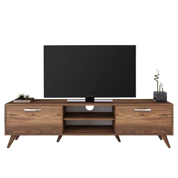 Meuble TV 2 portes rabattables 2 niches Imitation noyer