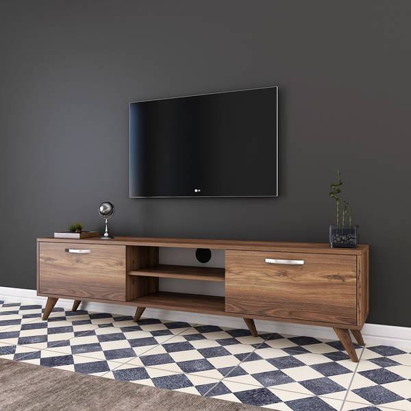 Meuble TV 2 portes rabattables 2 niches Imitation noyer