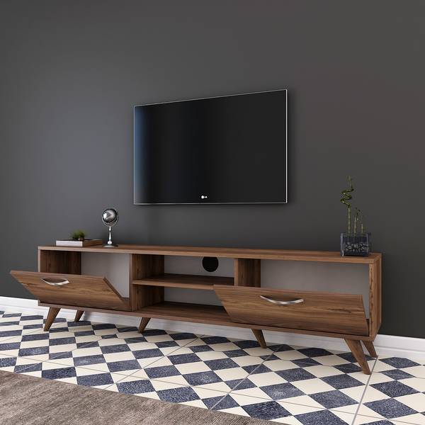 Meuble TV 2 portes rabattables 2 niches Imitation noyer