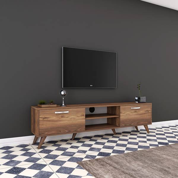 Meuble TV 2 portes rabattables 2 niches Imitation noyer