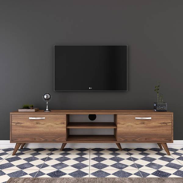 Meuble TV 2 portes rabattables 2 niches Imitation noyer