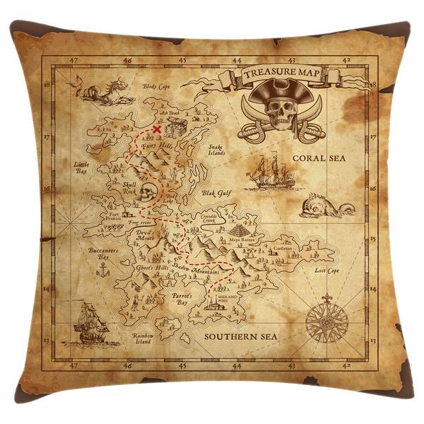Kissenbezug Schatzkarte Polyester - Beige / Braun - 60 x 60 cm