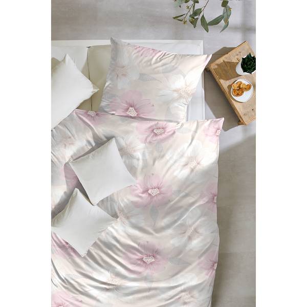Renforcé beddengoed Florence katoen - wit/roze - 155 x 220 cm + kussen 80 x 80 cm