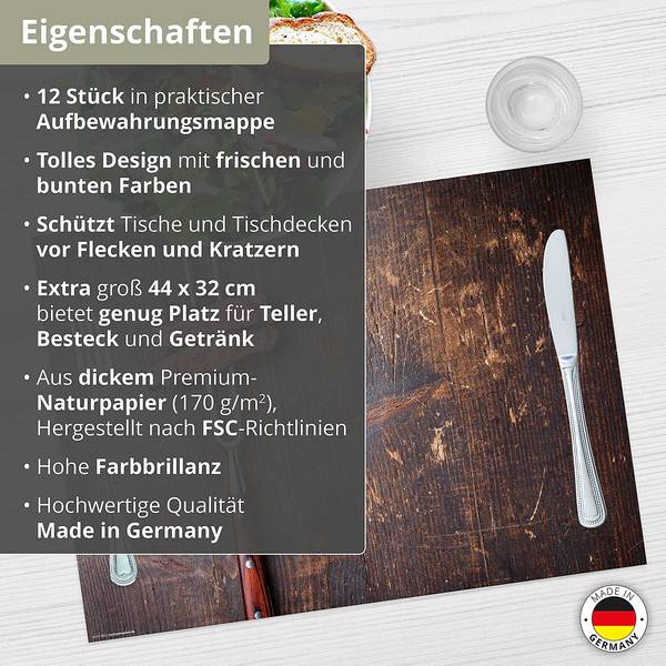 Tischset Gabel mit Steak (12er-Set) Papier - Mehrfarbig