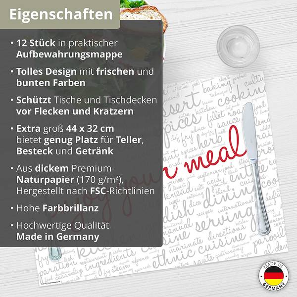 Placemats Enjoy your meal (set van 12) papier - meerdere kleuren