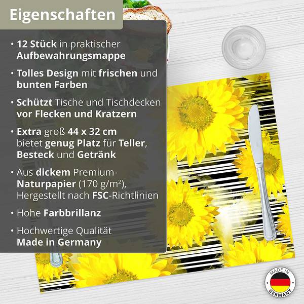 Tischset Sonnenblumen (12er-Set) Papier - Mehrfarbig