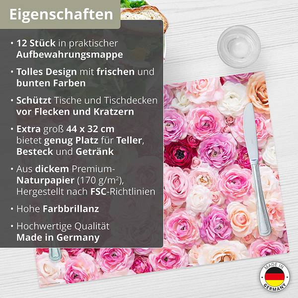 Placemats Zee van Rozen (set van 12) papier - meerdere kleuren