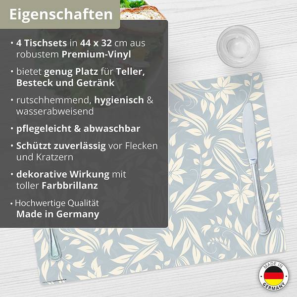 Tischset Florales Muster II (4er-Set) Vinyl - Blau