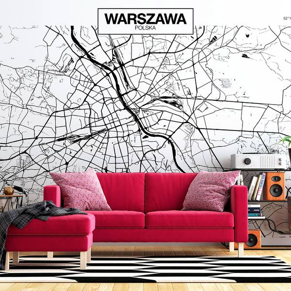 Vlies Fototapete Warsaw Map Premium Vlies - Schwarz / Weiß - 100 x 70 cm