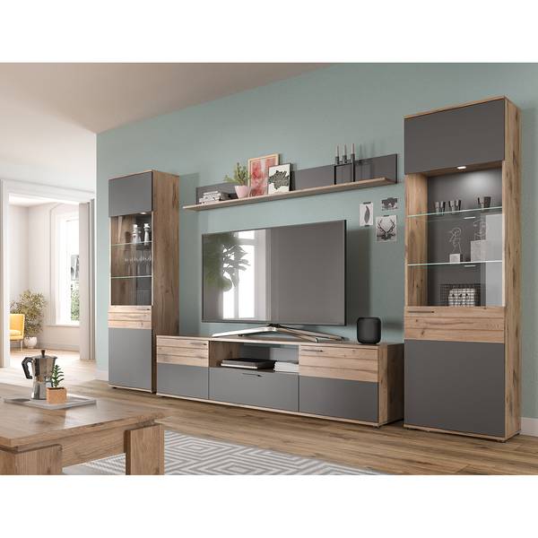 Standvitrine Yukon Basalt Grau / Eiche Dekor