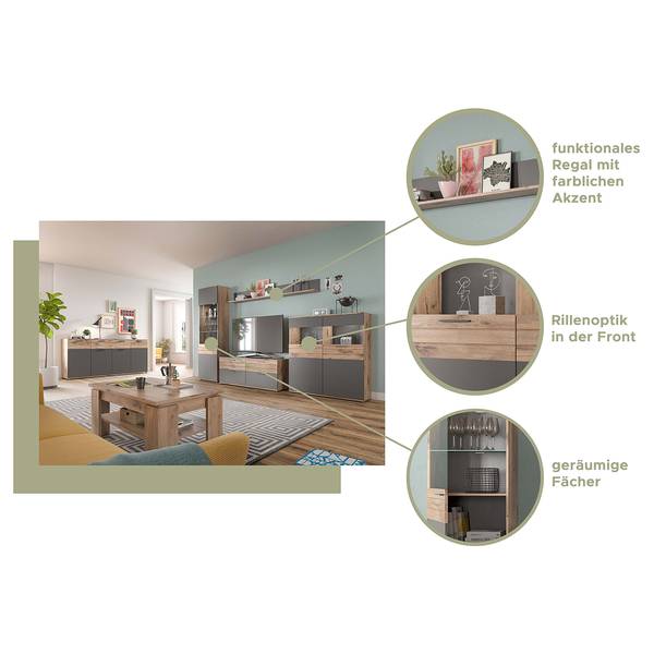 Standvitrine Yukon Basalt Grau / Eiche Dekor