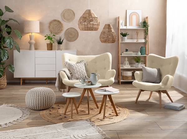 Sessel BRAZIL Bouclé Stoff Nola: Beige - Hellbraun - Ohne Hocker