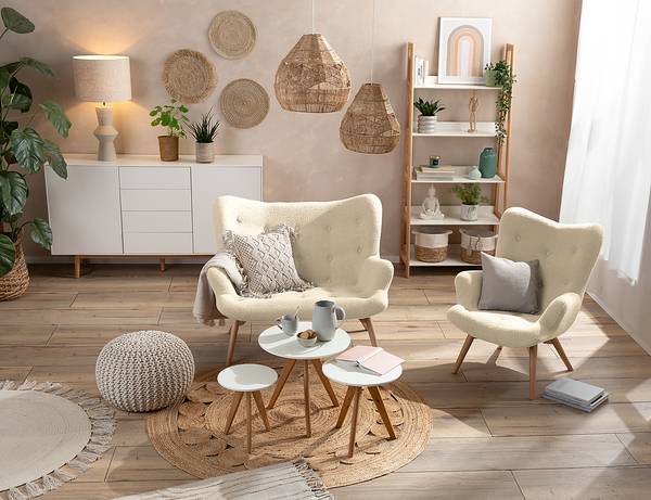 Sessel BRAZIL Bouclé Stoff Nola: Beige - Hellbraun - Ohne Hocker