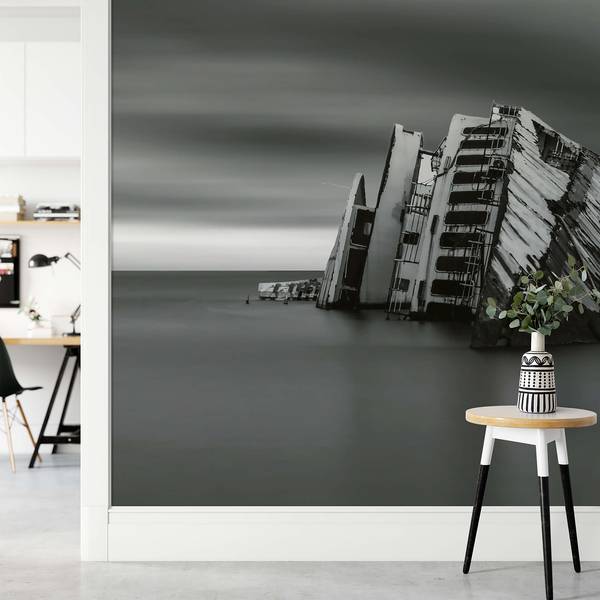 Fototapete Schiffswrack Meer Vlies - Grau