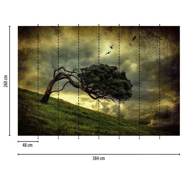 Fotomurale Albero e corvi Tessuto non tessuto - Verde / Giallo / Nero - 3,84cm x 2,6cm