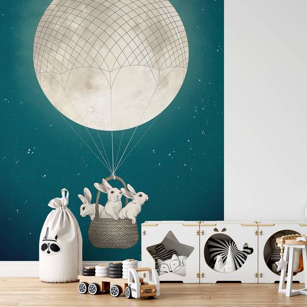 Fotomurale Mongolfiera luna Tessuto non tessuto - Turchese / Bianco - 1,92cm x 2,6cm