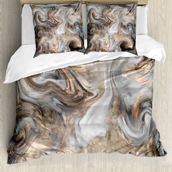 Beddengoed Marmer microvezel polyester - zandkleurig/lichtgrijs - 200 x 200 cm + 2 kussens 80 x 80 cm