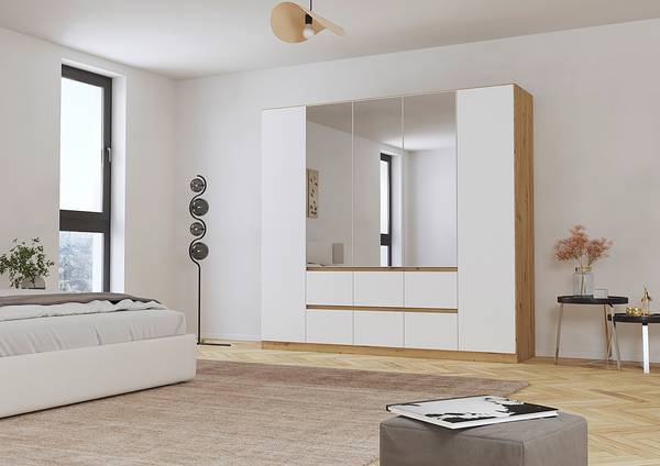 Armoire Mainz Blanc alpin / Imitation chêne Artisan - Largeur : 226 cm - Avec portes miroir