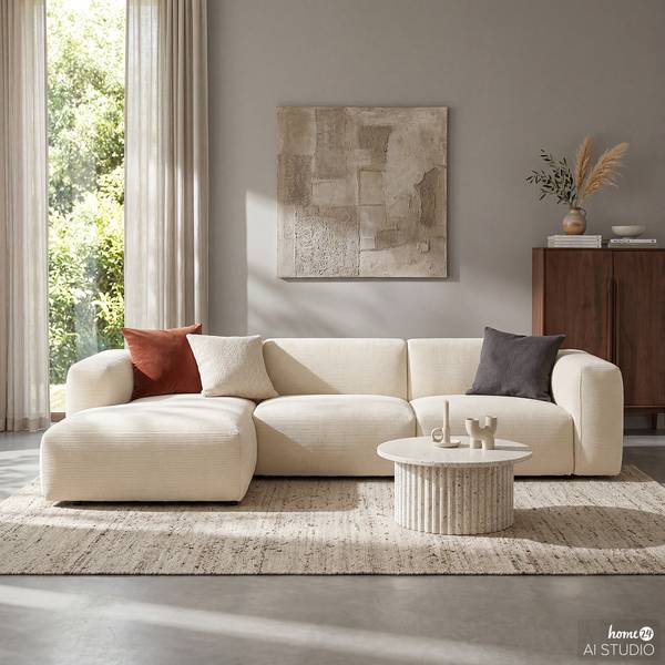 Ecksofa HUDSON 3-Sitzer mit Longchair Cordstoff Snor: Beige - Breite: 284 cm - Longchair davorstehend links