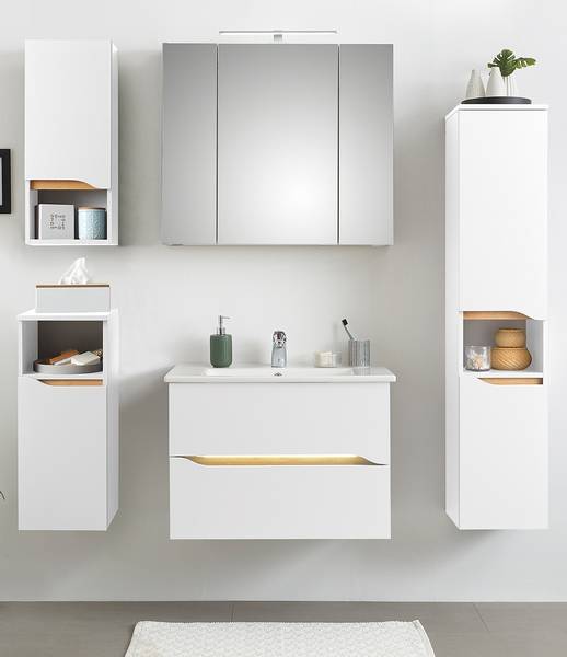 Badkamerset Tiberio IX (5-delig) zijdeglas wit / Riviera eikenhouten look - met LED-strip