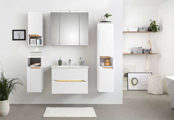 Badkamerset Tiberio IX (5-delig) zijdeglas wit / Riviera eikenhouten look - met LED-strip