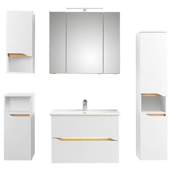 Badkamerset Tiberio IX (5-delig) zijdeglas wit / Riviera eikenhouten look - met LED-strip