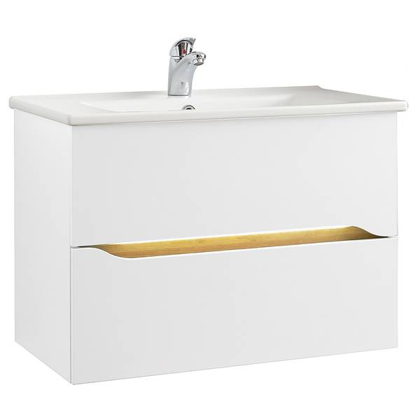 Badkamerset Tiberio IX (5-delig) zijdeglas wit / Riviera eikenhouten look - met LED-strip