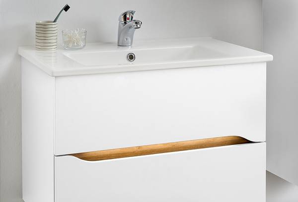 Badkamerset Tiberio IX (5-delig) zijdeglas wit / Riviera eikenhouten look - met LED-strip