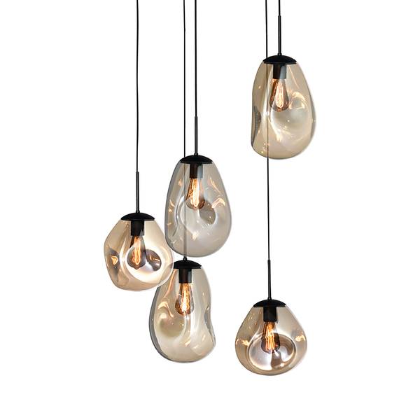 Hanglamp Lava Mix I gepoedercoat staal / glas - 5-flammig - zwart/goudkleurig