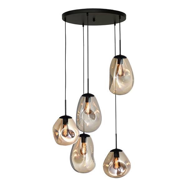 Hanglamp Lava Mix I gepoedercoat staal / glas - 5-flammig - zwart/goudkleurig