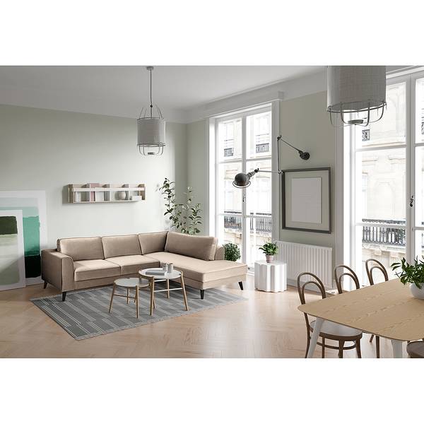 Hoekbank Venus Bay small met ottomane velours Cara: beige - ottomane vooraanzicht rechts - met slaapfunctie