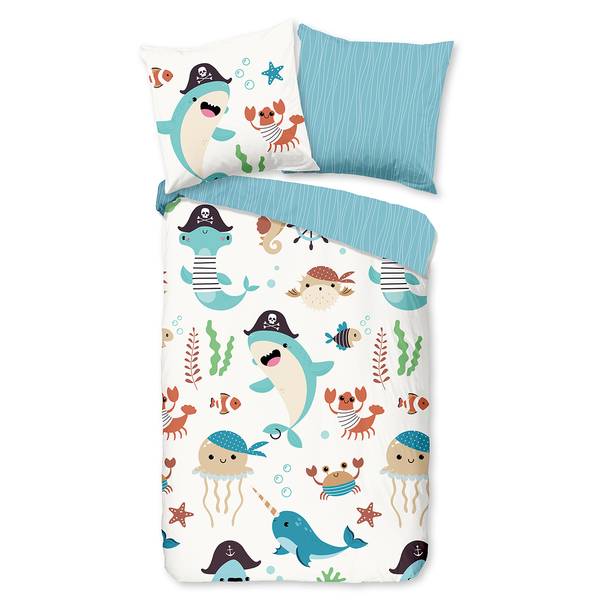 Kinderbeddengoed Seaworld katoen - 135 x 200 cm - wit/blauw - 135 x 200 cm