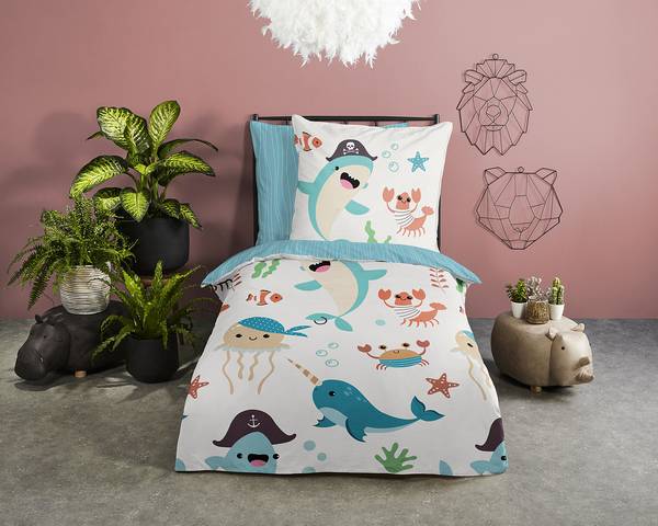 Kinderbeddengoed Seaworld katoen - 135 x 200 cm - wit/blauw - 135 x 200 cm
