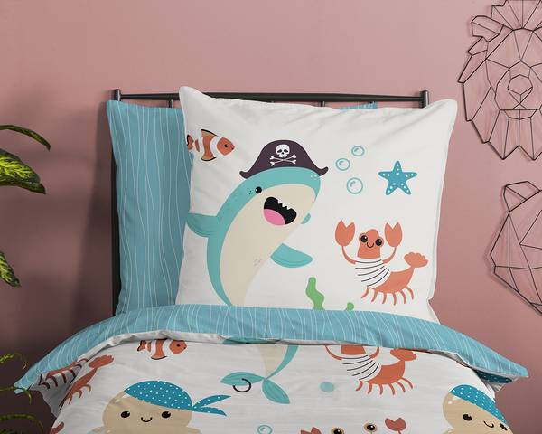 Kinderbeddengoed Seaworld katoen - 135 x 200 cm - wit/blauw - 135 x 200 cm