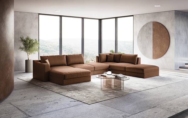 Wohnlandschaft Dixwell mit Hocker Antiklederlook - Microfaser Taeko: Braun - Longchair davorstehend links / Ottomane rechts