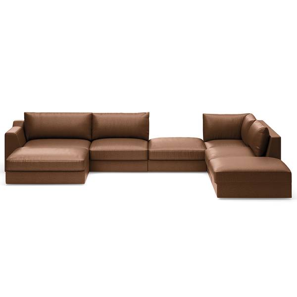 Wohnlandschaft Dixwell mit Hocker Antiklederlook - Microfaser Taeko: Braun - Longchair davorstehend links / Ottomane rechts