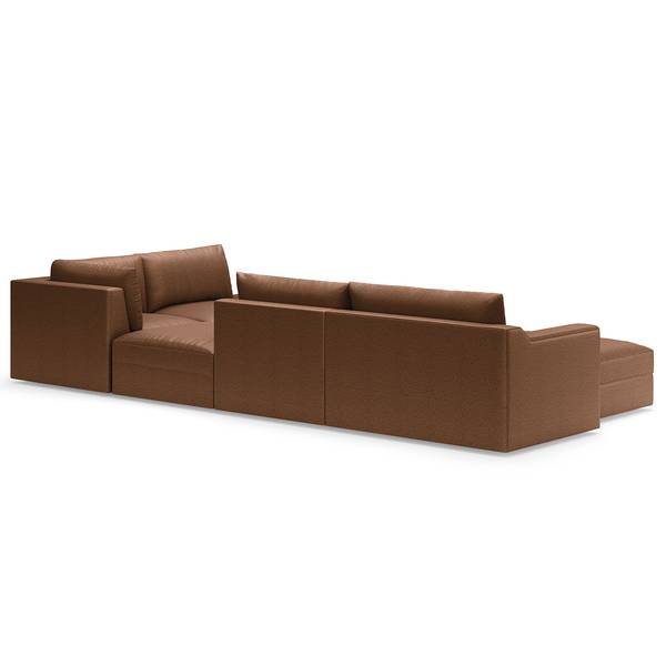 Wohnlandschaft Dixwell mit Hocker Antiklederlook - Microfaser Taeko: Braun - Longchair davorstehend links / Ottomane rechts
