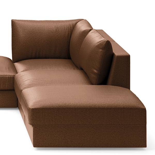 Wohnlandschaft Dixwell mit Hocker Antiklederlook - Microfaser Taeko: Braun - Longchair davorstehend links / Ottomane rechts