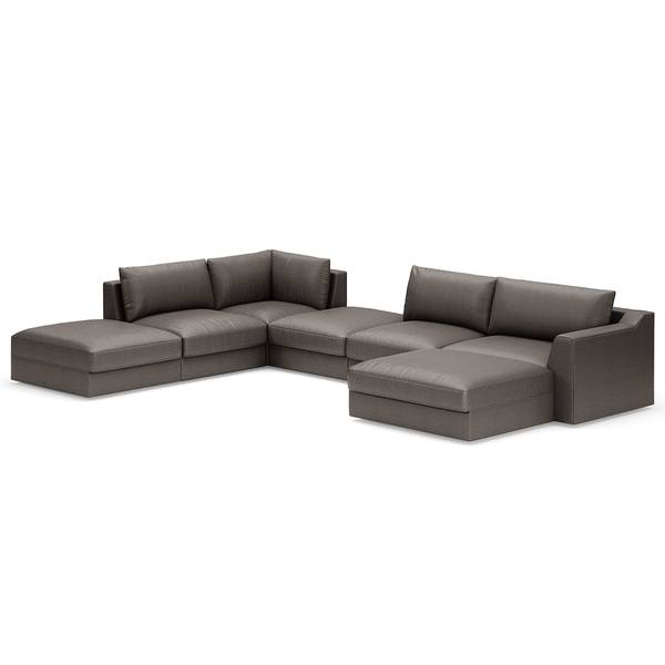 Zithoek Dixwell met hocker antieke leerlook - microvezel Taeko: antracietkleurig - chaise longue vooraanzicht rechts/ottomane links