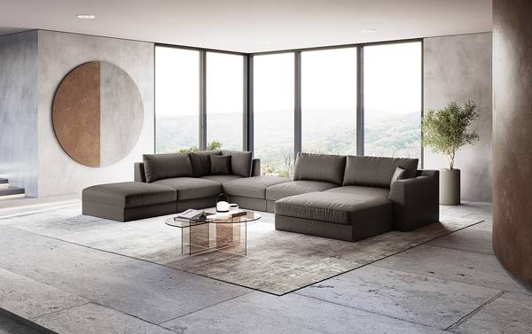 Zithoek Dixwell met hocker antieke leerlook - microvezel Taeko: antracietkleurig - chaise longue vooraanzicht rechts/ottomane links