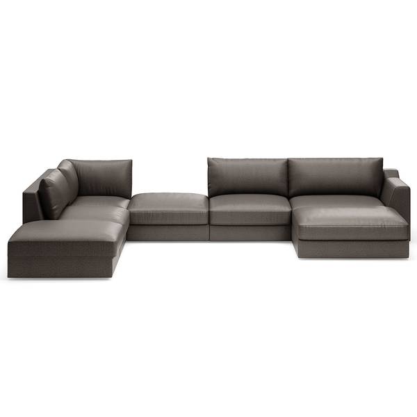 Zithoek Dixwell met hocker antieke leerlook - microvezel Taeko: antracietkleurig - chaise longue vooraanzicht rechts/ottomane links