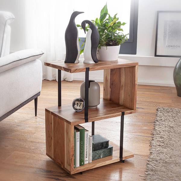 Table d’appoint Las Fiores Acacia massif / Acier inoxydable - Marron clair / Noir