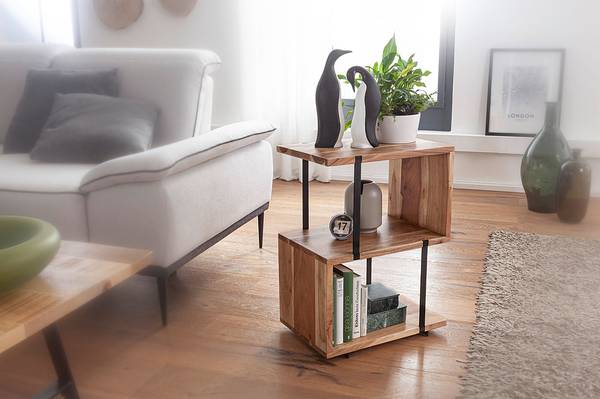 Table d’appoint Las Fiores Acacia massif / Acier inoxydable - Marron clair / Noir