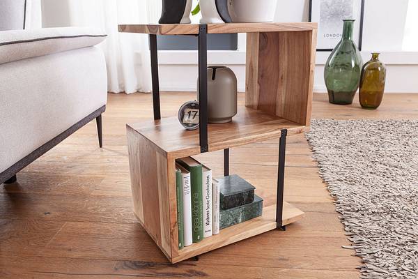 Table d’appoint Las Fiores Acacia massif / Acier inoxydable - Marron clair / Noir