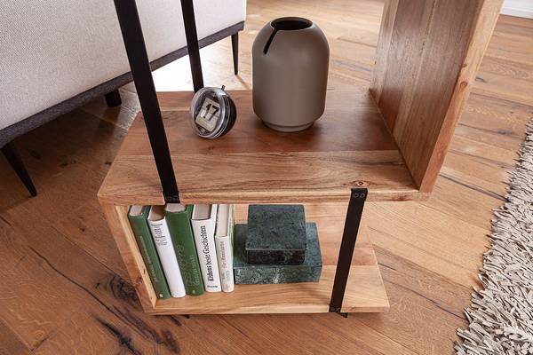 Table d’appoint Las Fiores Acacia massif / Acier inoxydable - Marron clair / Noir