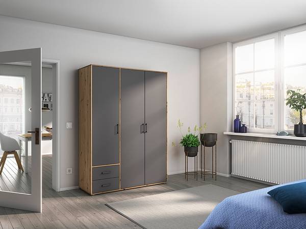 Armoire à portes battantes Voyager Gris métallisé / Imitation chêne Artisan - Largeur : 140 cm - Basic - Avec tiroirs