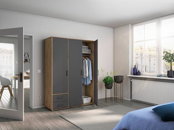 Armoire à portes battantes Voyager Gris métallisé / Imitation chêne Artisan - Largeur : 140 cm - Basic - Avec tiroirs